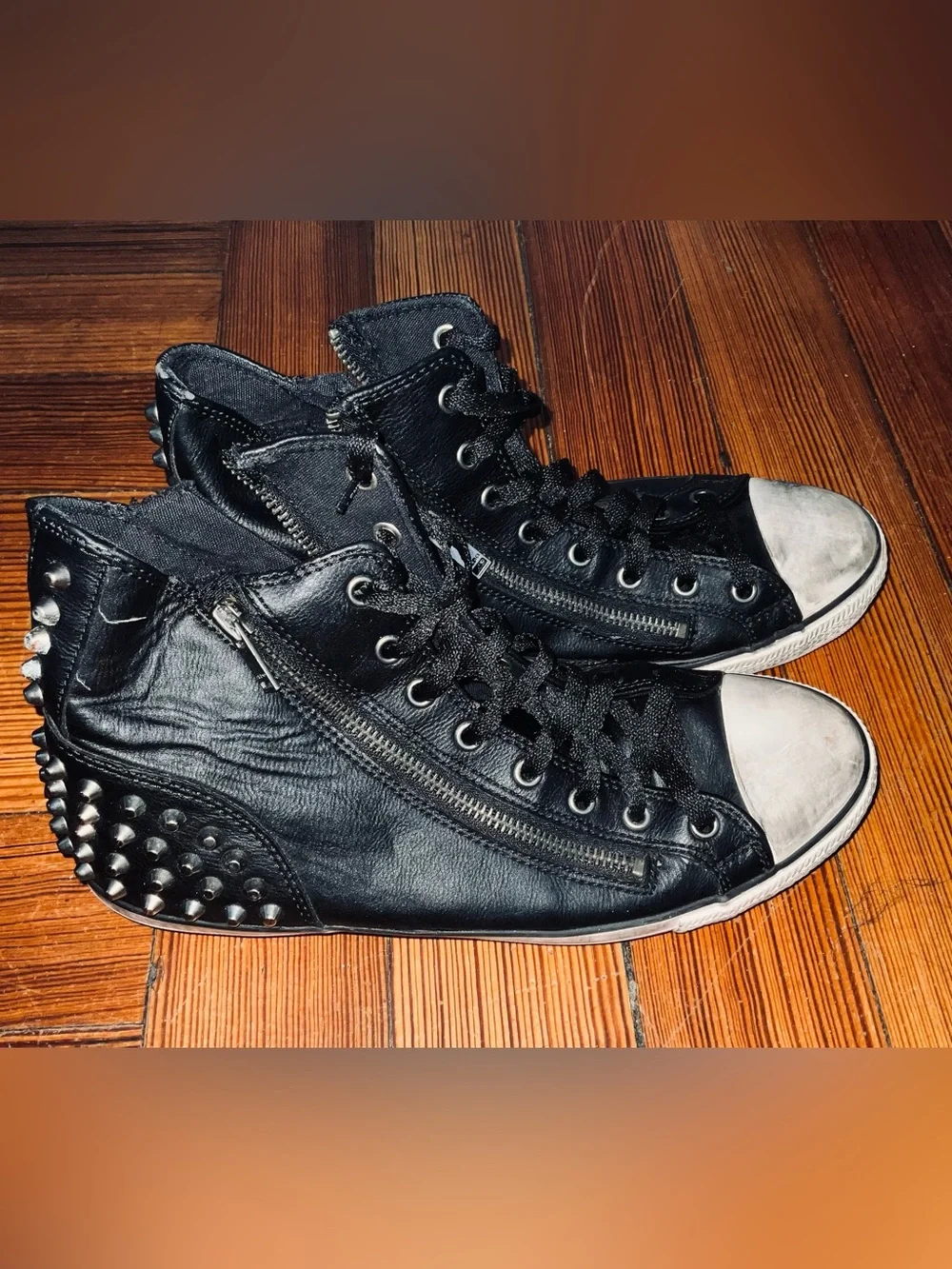 Aldo men’s Black Leather Studded High-Top Sneakers with White Toe Caps